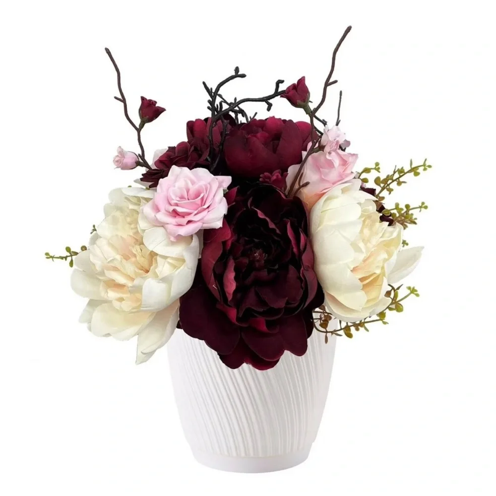 My Texas House Red and Pink Artificial Rose Floral Arrangement in White Pot